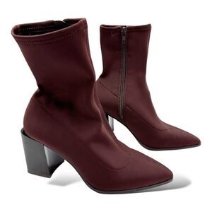Aldo Burgundy Stretch Sock Ankle Boots With Patent Block Heels & Side Zipper 6.5